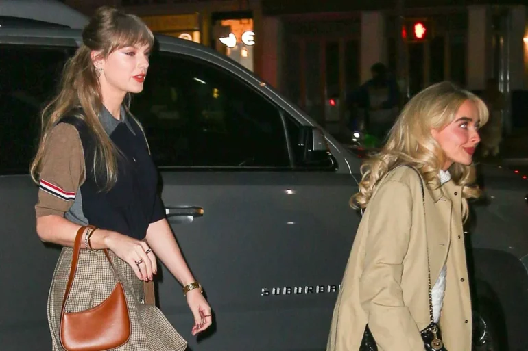 Taylor Swift Wears Nearly 6 Inch Gucci Platform Heels in Bright Red for N.Y.C. Girls Night with Sabrina Carpenter